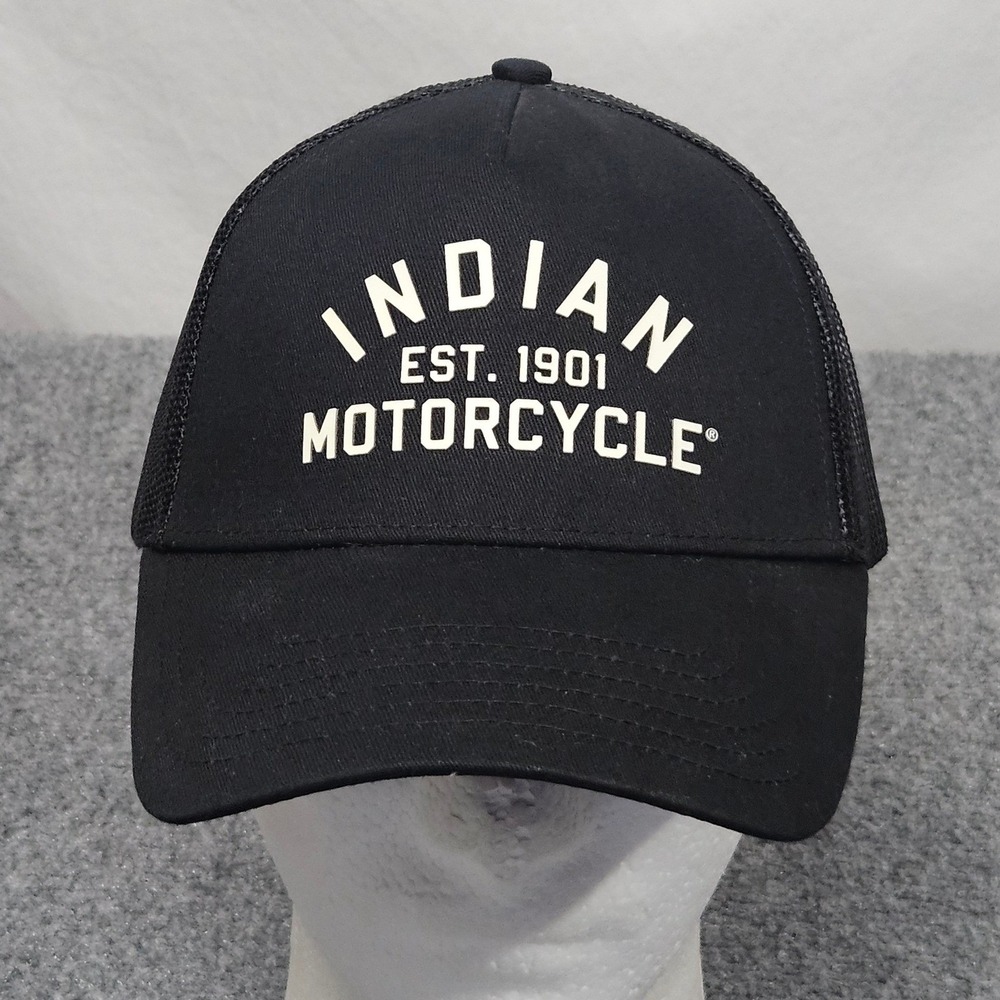 Indian Motorcycle Trucker Hat Mens OSFA Black Mesh Snapback Est 1901 Biker Cap